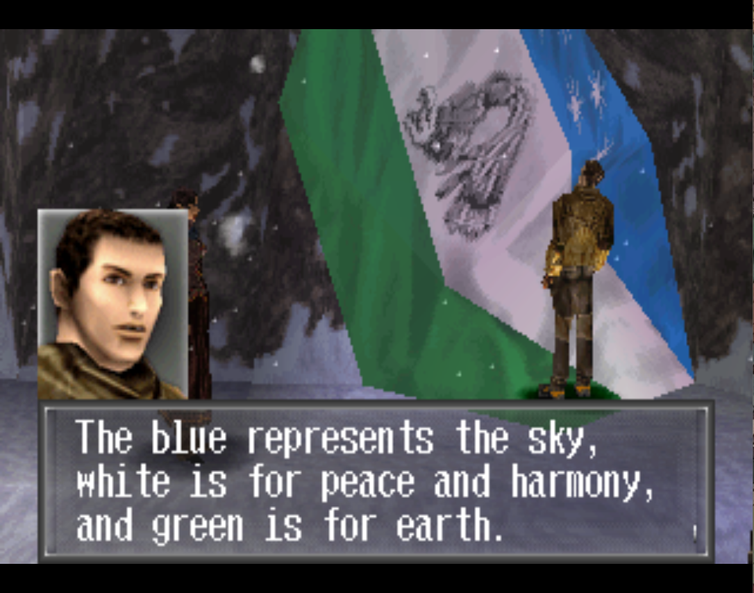 Kato looking at the Meruza flag saying "The blue represents the sky, white is for the peace and harmony, and green is for earth"