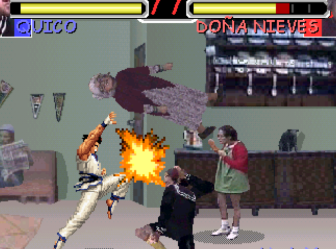 The screen is showing a battle between Dona Nieves and Kiko, behind them kim from kof is zooming by