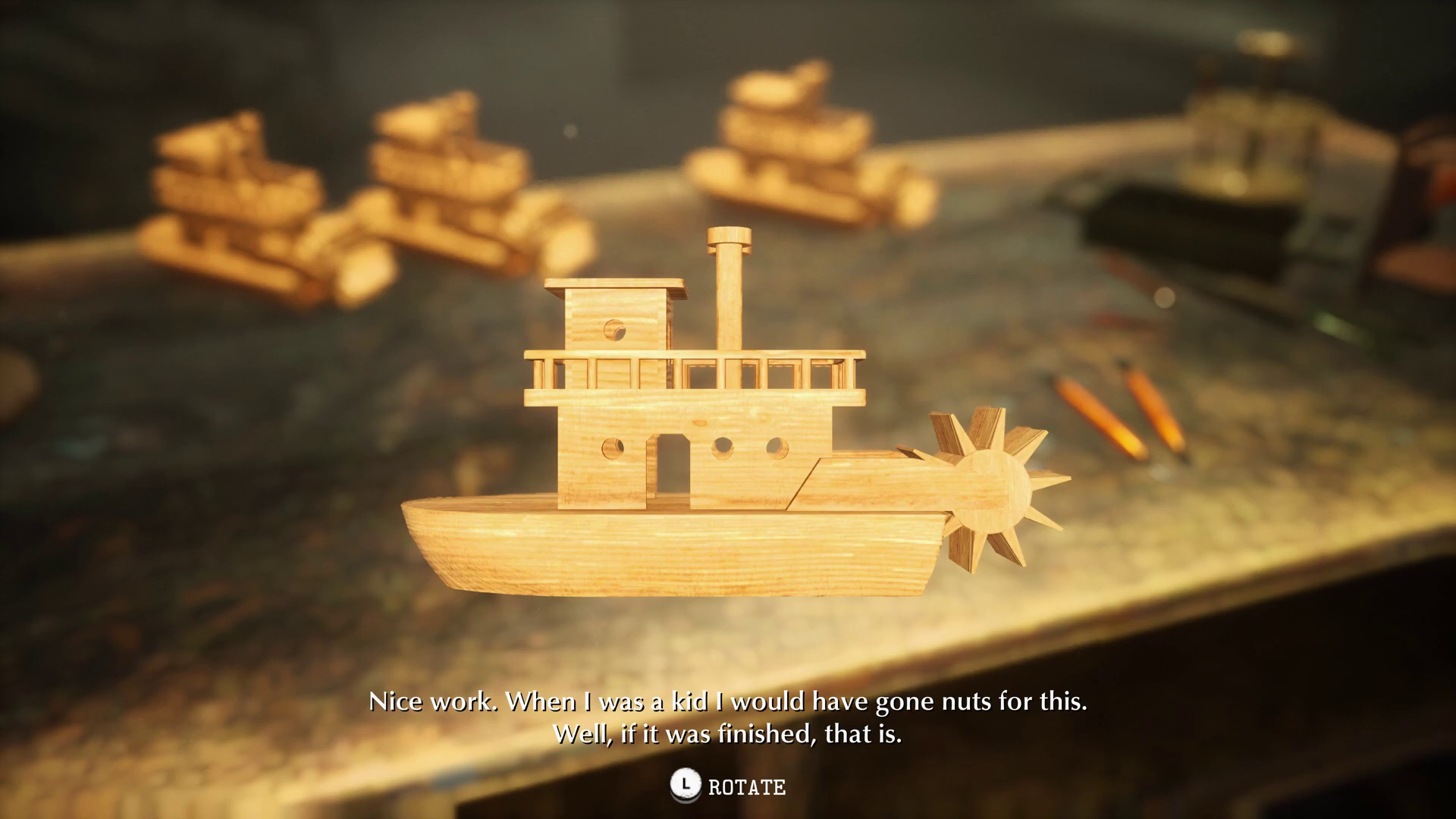 A wooden boat toy with the text Nice work. When I was a kid I would have gone nuts for this. Well, if it was finished, that is.