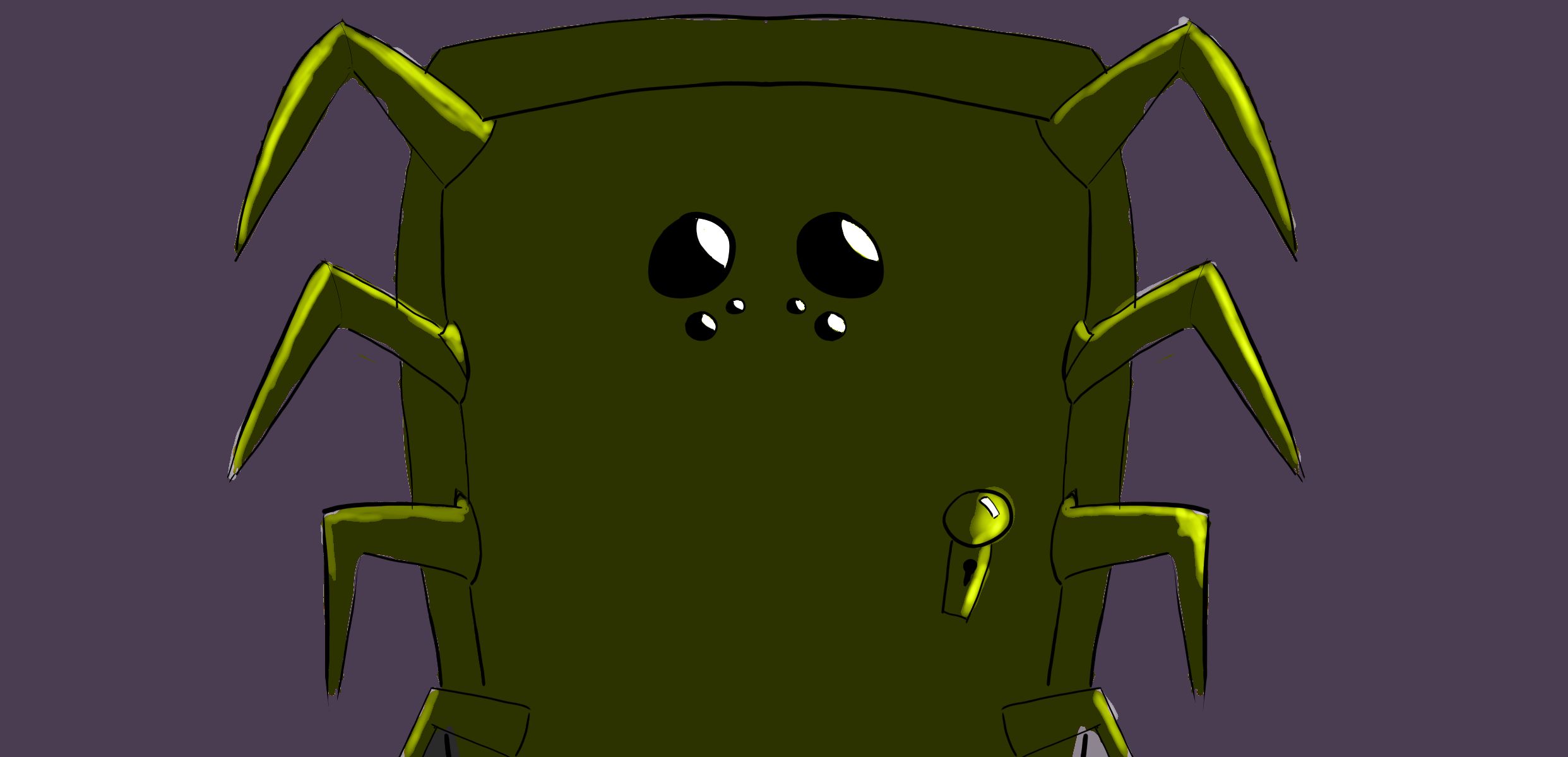 A drawing of a door with the motive of a spider, it has spider eyes and spider legs going on the sides of the door